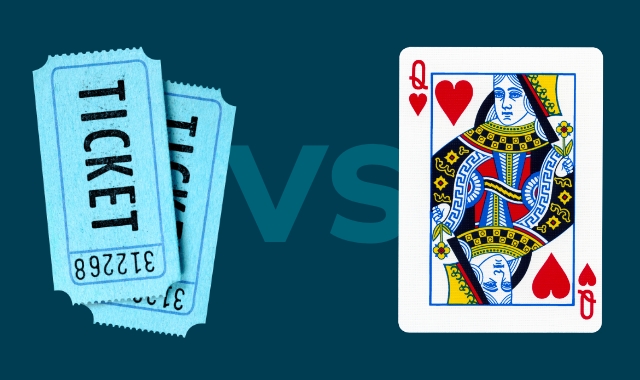 Blue background comparing raffle tickets vs queen of hearts cards.